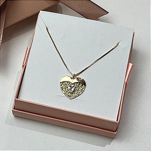 Colar Pingente Coração Cravejado - Dourado - Semijoia