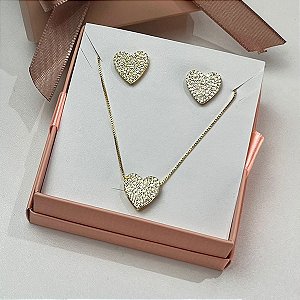 Conjunto Coração Cravejado - Dourado - Semijoia