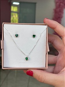 Conjunto Pedra Verde Coração  - Prata 925