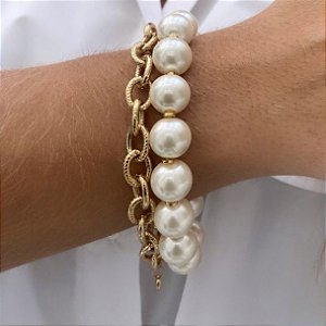 PL617 - Pulseira de Pérolas e Corrente de Elos Trabalhados