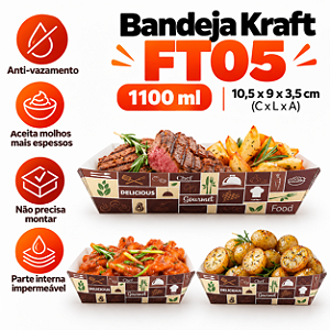 FT05 - 100 un – Bandeja Barca Canoa Kraft 1100ml Antivazamento para Porções Familiares e Festivais