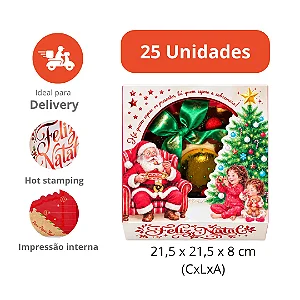 PD64- 25 un – Embalagem Natal Duplex com Visor para Tortas e Kits Festa 21,5x21,5x8cm Coleção Surpresa de Natal – Caixa com Interior Estampado e QR Code