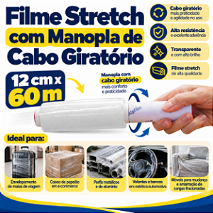 1 un – Filme Stretch com Manopla de Cabo Giratório 12cm x 60m para Embalagem e Proteção