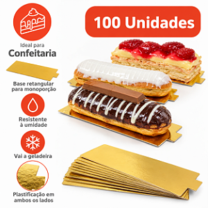 PD103 - 100 un – Base Retangular para Doces Finos e Monoporções 13x6cm Plastificada Dourada