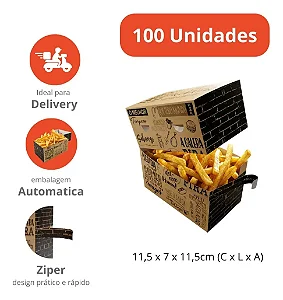 H7D - Caixa para Lanche e Porções com Zíper 100 Unidades Prática para Delivery e Consumo Direto
