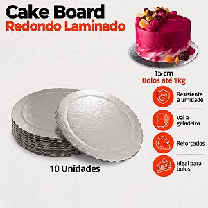 D150 -10 un – Prato Cake Board Slim Prateado Redondo em Papel Paraná Dupla Face até 1,0kg