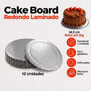 D245 - 10 un – Prato Cake Board Slim Prata Redondo em Papel Paraná Dupla Face até 2,0kg