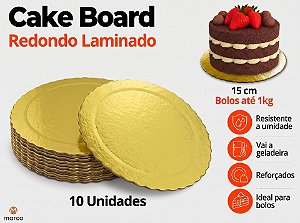 D150 -10 un – Prato Cake Board Slim Dourado Redondo em Papel Paraná Dupla Face até 1,0kg