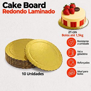 D210 - 10 un – Prato Cake Board Slim Dourado Redondo em Papel Paraná Dupla Face até 1,5kg
