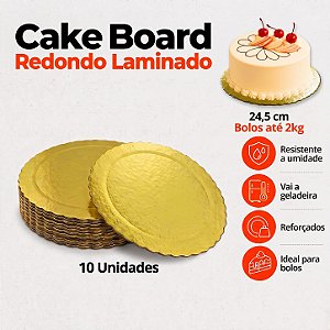 D245 - 10 un – Prato Cake Board Slim Dourado Redondo em Papel Paraná Dupla Face até 2,0kg