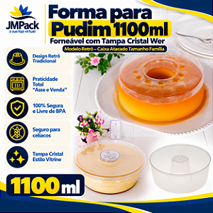53TWH-RETRO - 50 un – Forma para Pudim 1100ml Forneável com Tampa Cristal Wer Modelo Retrô – Caixa Atacado Tamanho Família