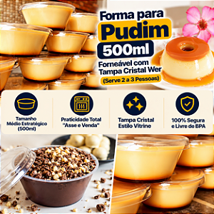 PW64TWH - 60 un – Forma para Pudim 500ml Forneável com Tampa Cristal Wer – Caixa Atacado Tamanho Médio (Serve 2 a 3 Pessoas)