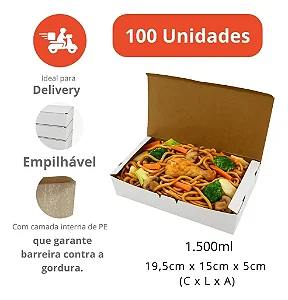 BA2-SB - 100 un – Embalagem Antivazamento Kraft 1500ml Forneável com Tampa Integrada para Delivery