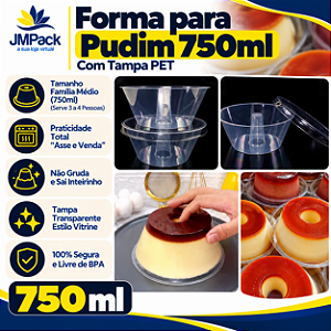PW70TWH - 24 un – Forma para Pudim 750ml Forneável com Tampa Cristal Wer – Tamanho Família Médio (Serve 3 a 4 Pessoas)