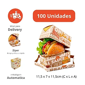 H7K - 100 un – Caixa para Hambúrguer Kraft com Abertura Zíper e Fundo Automático 11,5x7x11,5cm Premiada ABRE para Delivery