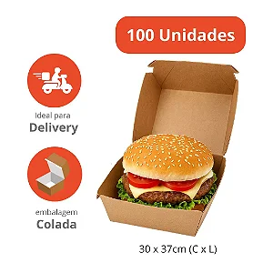 H3-SB -Caixa para Lanche Kraft 100 Unidades com Fechamento Automático Pronta para Uso
