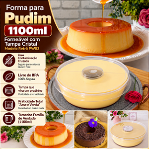 53TWH-RETRO - 32 un – Forma para Pudim 1100ml Forneável com Tampa Cristal Wer Modelo Retrô – Tamanho Família Grande