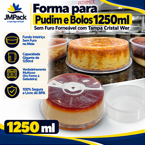 PW-53TWH - 50 un – Forma para Pudim e Bolos 1250ml Sem Furo Forneável com Tampa Cristal Wer – Caixa Atacado Tamanho Família