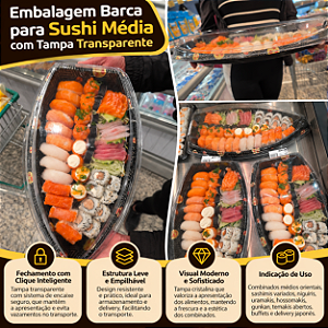 100 un – Embalagem Barca para Sushi Média com Tampa Transparente