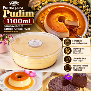 53TWH - 64 un – Forma para Pudim 1100ml Forneável com Tampa Cristal Wer Modelo Retrô – Caixa Atacado Tamanho Família