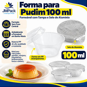 PW62TWH - 10 un – Forma para Mini Pudim 100ml Sem Furo Forneável com Tampa Cristal e Selo de Alumínio Wer