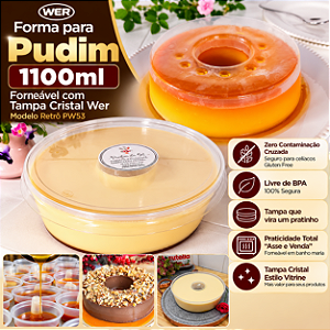 53TWH-RETRO -50 un – Forma para Pudim 1100ml Forneável com Tampa Cristal Wer Modelo Retrô PW53 – Zero Contaminação Tamanho Família
