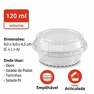 Embalagem Pote Redondo para Sobremesa 120ml Tampa Articulada PET Cristal - 100 unidades