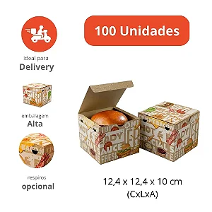 H10K - 100 un – Caixa para Hambúrguer Artesanal Alto Kraft 12,4x12,4x10cm com Montagem Automática e Respiros para Delivery