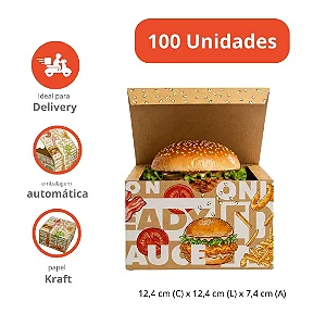 H6K - 100 un – Embalagem Caixa para Hambúrguer 12,4x12,4x7,4cm com Montagem Automática e Respiros para Delivery