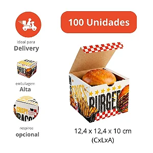 H10 - 100 un – Caixa para Hambúrguer Artesanal Alto em Papel Duplex 12,4x12,4x10cm com Montagem Automática e Respiros para Delivery