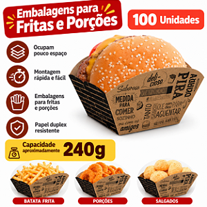 F5K - 100 un – Embalagem Estilo Barquinha em Papel Kraft para Porções e Batata Frita até 240g