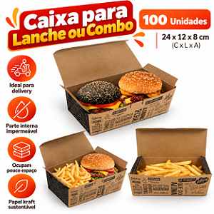 H16K -100 un – Caixa para Lanche e Combos Delivery Kraft com Impermeabilização Interna