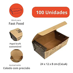 H16K - 100 – Caixa para Lanche e Combos Delivery em Papel Kraft Impermeável 24x12x8 cm