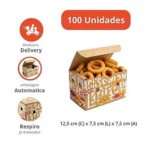 FV3K -100 un – Caixa para Fritas e Porções 130g 12,5x7,5x7,5cm com Montagem Automática e Respiros para Delivery