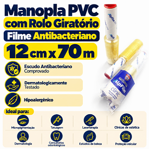 1 un – Manopla PVC com Rolo Giratório Filme Antibacteriano 12cm x 70m Alpfilm Clinic