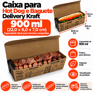 D9K - 100 un – Embalagem Caixa para Hot Dog e Baguete Delivery Kraft 900 ml