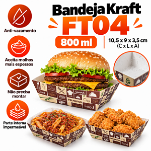 FT04- 100 un – Bandeja Barca Canoa Kraft 800ml Antivazamento para Porções Grandes e Petiscos