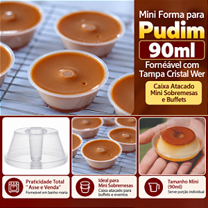 PW61TWH - 300 un – Mini Forma para Pudim 90ml Forneável com Tampa Cristal Wer – Caixa Atacado Mini Sobremesas e Buffets