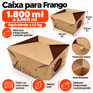 PD80 - 100 un – Caixa Box para Frango Assado, Grelhados e Porções Kraft Antivazamento 1.800ml / 1,5kg Vai ao Micro-ondas