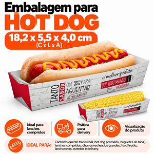 D1 - 100 un – Embalagem Caixa para Hot Dog, Churros, Cachorro Quente em Papel Triplex Fácil Montagem
