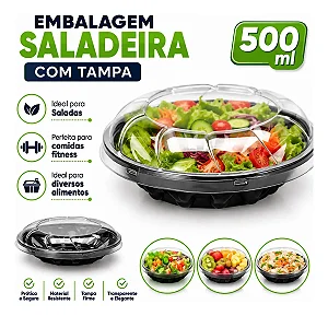 G251- 5 - Saladeira Pote Plástico com Tampa Transparente 500ml para Delivery e Refeições Fit