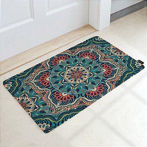 Tapete Decorativo 60x40cm Mandala Azul Salmão e Verde