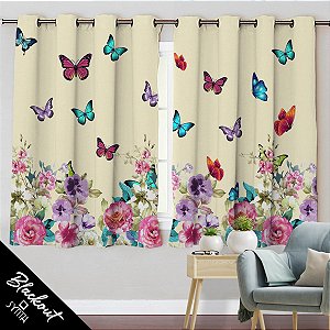 Cortina Synth (Blackout) 1,50x2,40 Floral com Borb. F. Bege