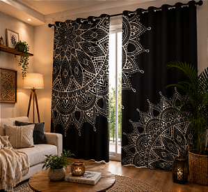 Cortina Synth Mandala Preta Branca 05 | Comum ou Blackout | 1,50 x 2,40 m e 2,50 x 2,90 m