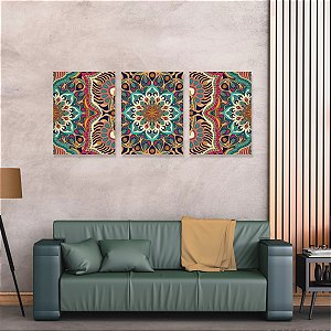 Kit Quadro Canvas 50x70cm com 3 peças Mandala Colorida 07