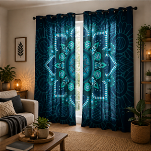 Cortina Mandala Azul Escura Sob Medida | Comum ou Blackout | Ilhós, Passante ou Trilho Suíço | Synth Decor