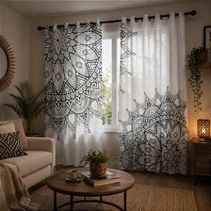 Cortina Synth Mandala Branca e Preta | Comum ou Blackout | 1,50 x 2,40 m, 2,50 x 2,90 m e 2,50 x 4,20 m