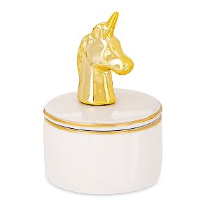 Caixa Redonda Unicornio Dourado E Branco Em Ceramica 08951