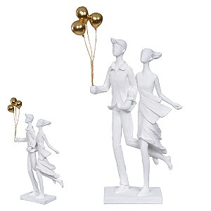 Escultura Decorativa em Poliresina Casal (Branco Dourado) 34 x 16 x 8,2cm