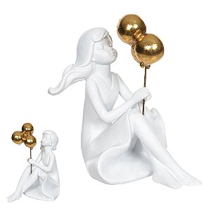 Escultura Decorativa em Poliresina Menina (Branco Dourado) 13,5 x 7,5 x 9,5cm